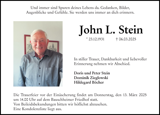 Traueranzeige von John L. Stein von Rüsselsheimer Echo