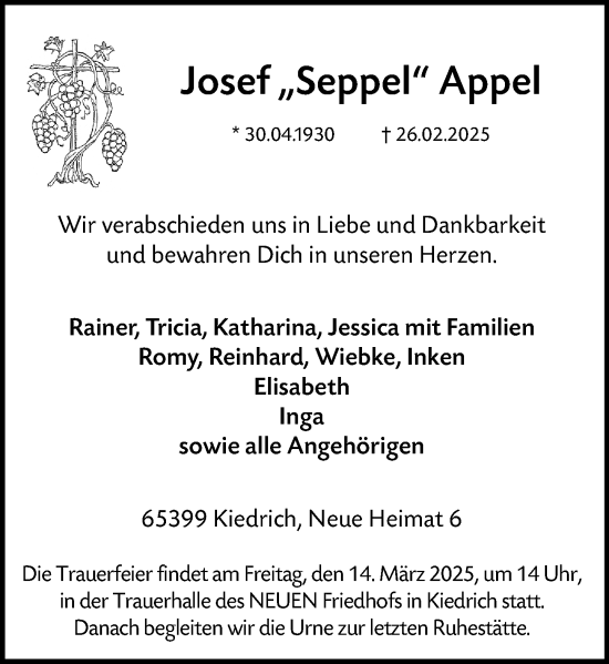 Traueranzeige von Josef Appel von Rheingau Kurier