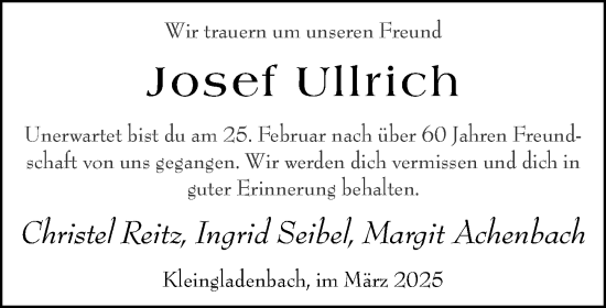 Traueranzeige von Josef Ullrich von Hinterländer Anzeiger