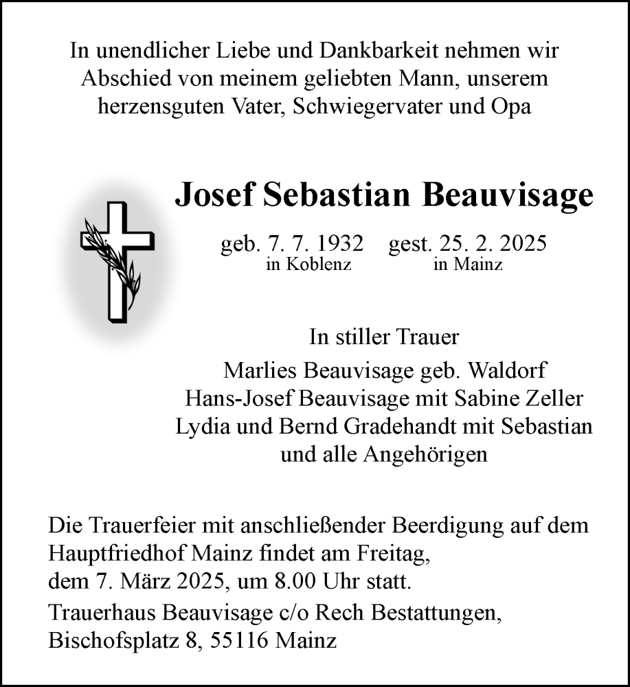  Traueranzeige für Josef Sebastian Beauvisage vom 01.03.2025 aus Allgemeine Zeitung Mainz