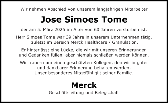 Traueranzeige von Jose Simoes Tome von Darmstädter Echo