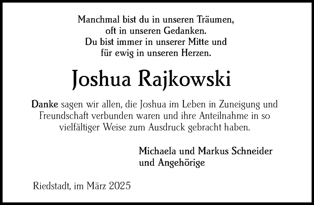  Traueranzeige für Joshua Rajkowski vom 22.03.2025 aus Groß-Gerauer Echo