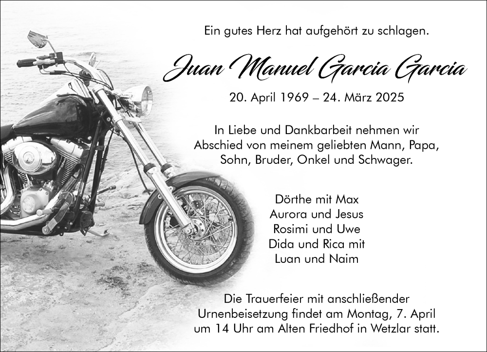  Traueranzeige für Juan Manuel Garcia Garcia vom 29.03.2025 aus Wetzlarer Neue Zeitung