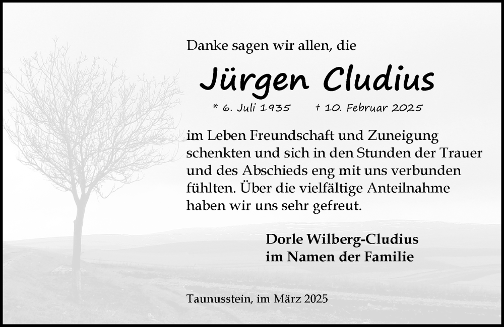  Traueranzeige für Jürgen Cludius vom 22.03.2025 aus Idsteiner Land/Untertaunus