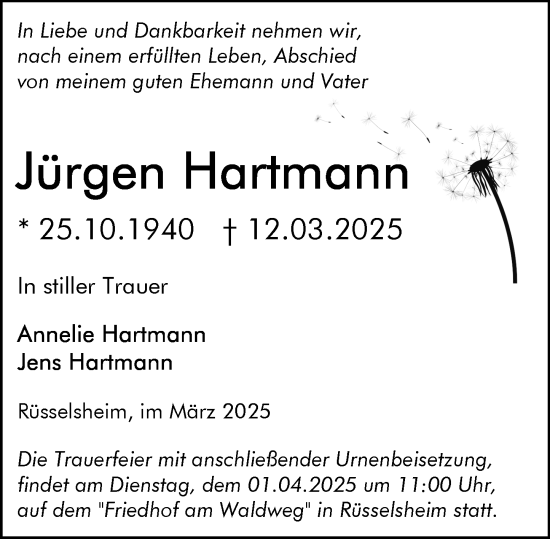 Traueranzeige von Jürgen Hartmann von Rüsselsheimer Echo