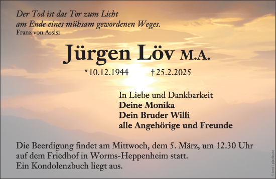 Traueranzeige von Jürgen Löv von Wormser Zeitung
