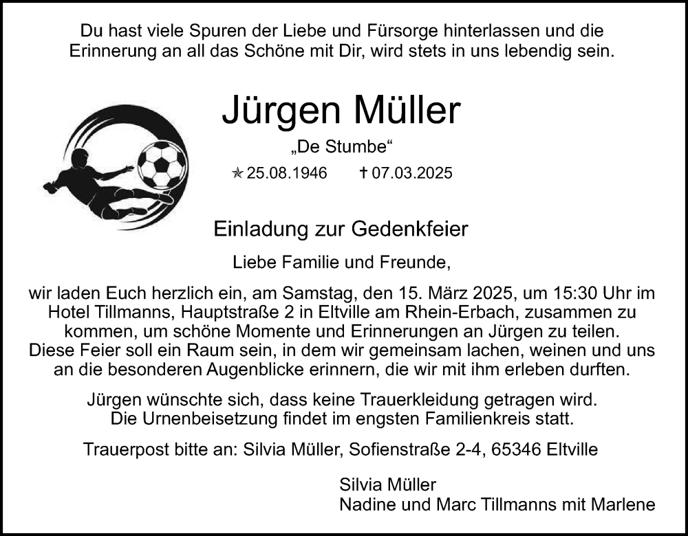  Traueranzeige für Jürgen Müller vom 12.03.2025 aus Wiesbadener Kurier