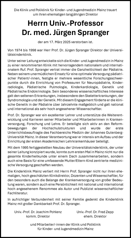 Traueranzeige von Jürgen Spranger von Allgemeine Zeitung Mainz