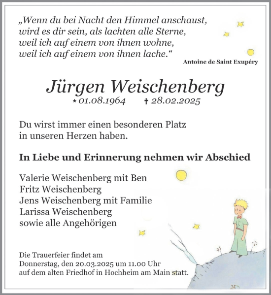 Traueranzeige von Jürgen Weischenberg von Hochheimer Zeitung