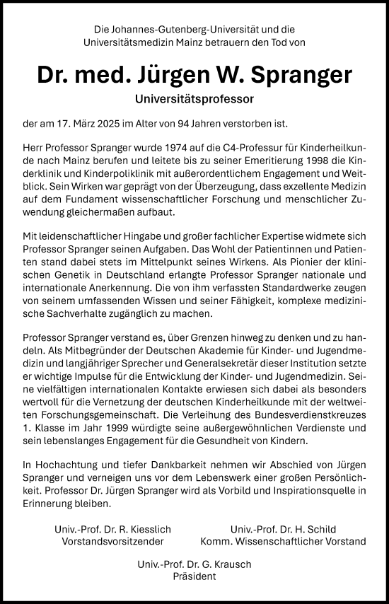 Traueranzeige von Jürgen W. Spranger von Allgemeine Zeitung Mainz