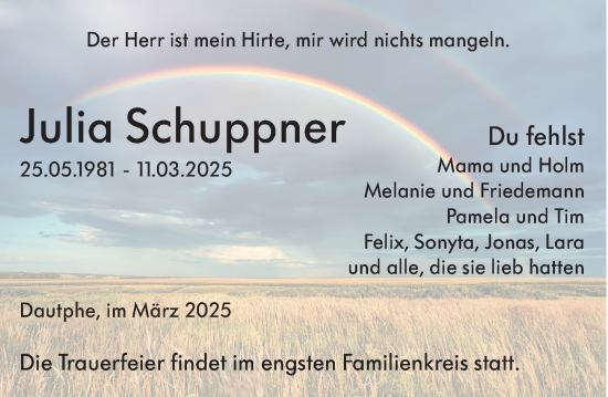 Traueranzeige von Julia Schuppner von Hinterländer Anzeiger