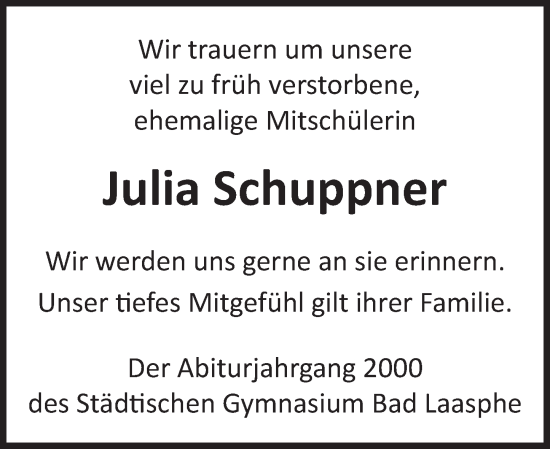 Traueranzeige von Julia Schuppner von Hinterländer Anzeiger