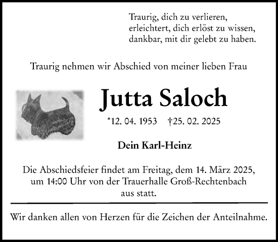 Traueranzeige von Jutta Saloch von Wetzlarer Neue Zeitung