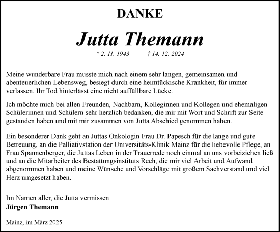 Traueranzeige von Jutta Themann von Allgemeine Zeitung Mainz