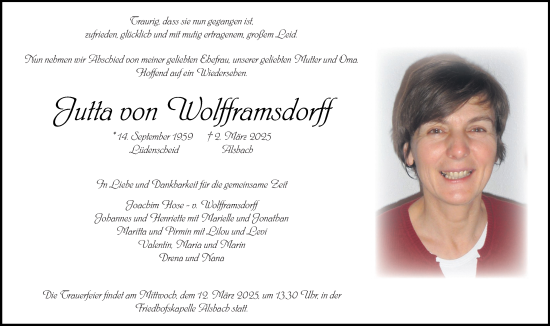 Traueranzeige von Jutta von Wolfframsdorff von Darmstädter Echo