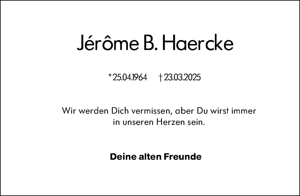  Traueranzeige für Jérome Haercke vom 29.03.2025 aus Wiesbadener Kurier