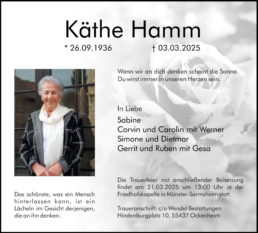  Traueranzeige für Käthe Hamm vom 15.03.2025 aus Binger-/Ingelheimer Wochenblatt