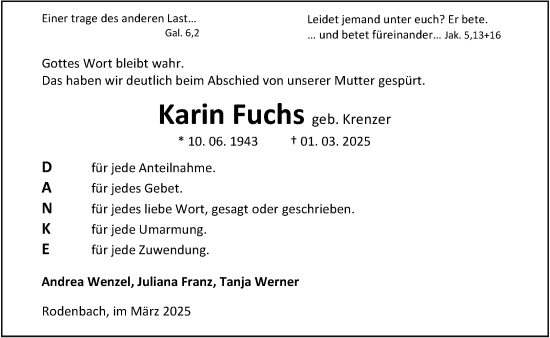 Traueranzeige von Karin Fuchs von Dill Block
