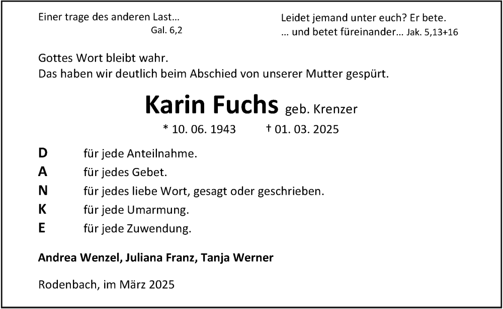  Traueranzeige für Karin Fuchs vom 29.03.2025 aus Dill Block
