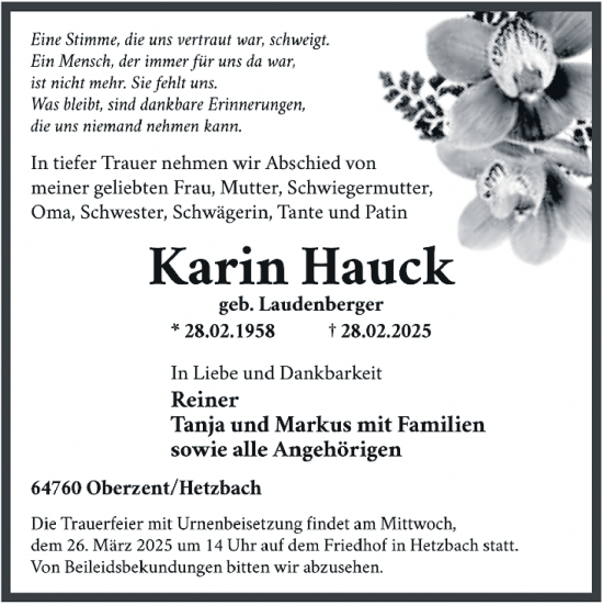 Traueranzeige von Karin Hauck von Odenwälder Echo
