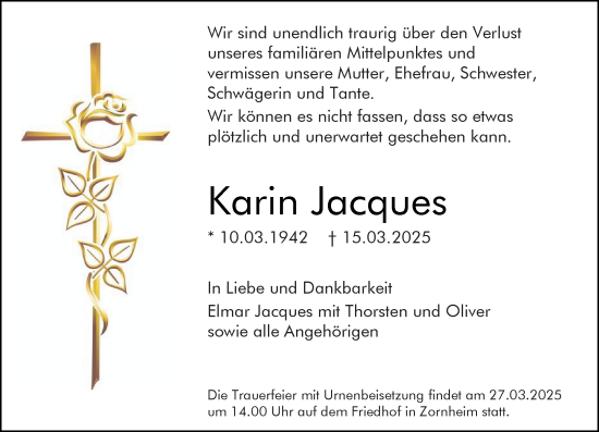Traueranzeige von Karin Jacques von Allgemeine Zeitung Mainz