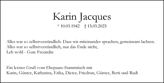 Traueranzeige von Karin Jacques von Allgemeine Zeitung Mainz