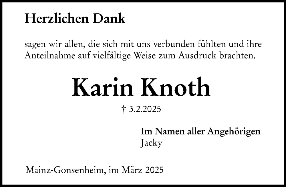  Traueranzeige für Karin Knoth vom 15.03.2025 aus Allgemeine Zeitung Mainz