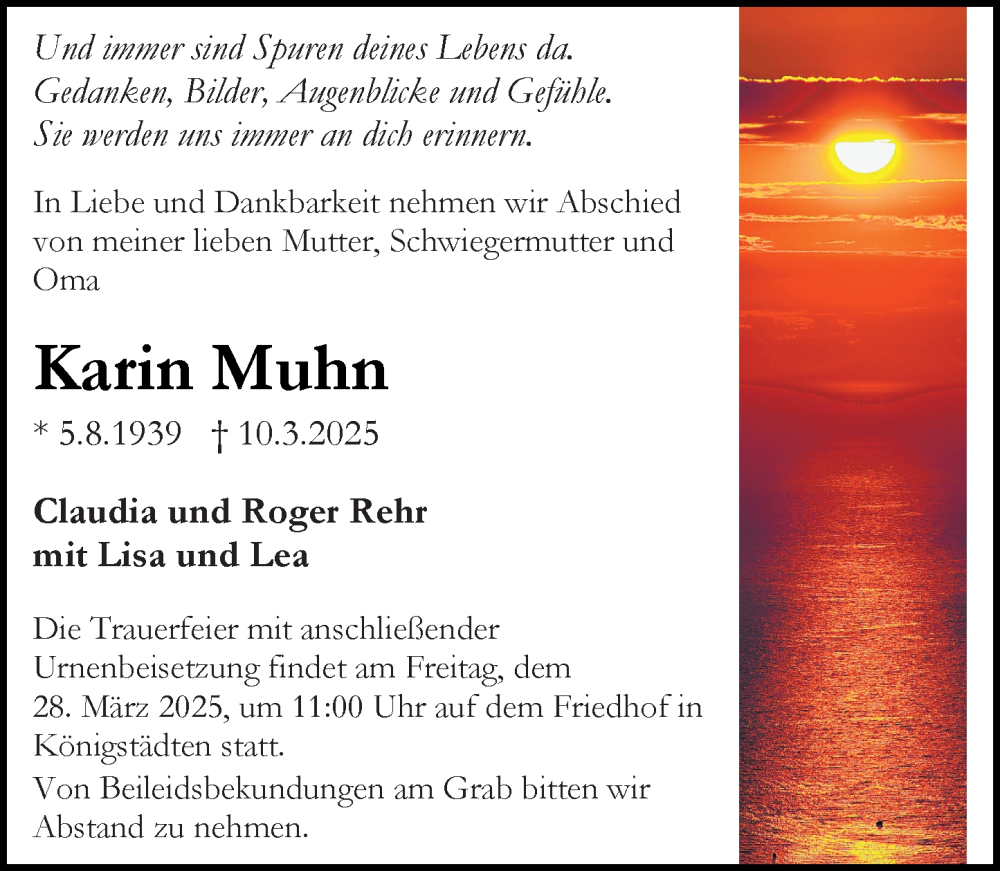  Traueranzeige für Karin Muhn vom 15.03.2025 aus Rüsselsheimer Echo