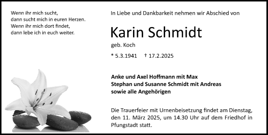 Traueranzeige von Karin Schmidt von Darmstädter Echo