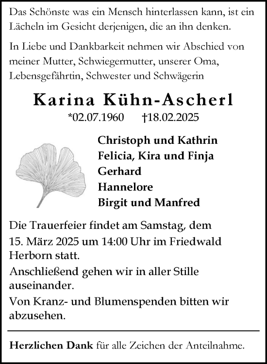 Traueranzeige von Karina Kühn-Ascherl von Dill Block