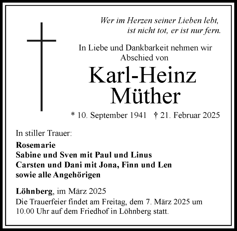  Traueranzeige für Karl-Heinz Müther vom 01.03.2025 aus Weilburger Tageblatt
