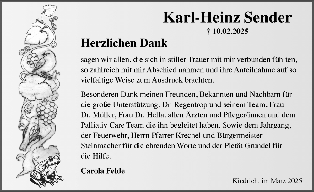  Traueranzeige für Karl-Heinz Sender vom 08.03.2025 aus Wiesbadener Kurier