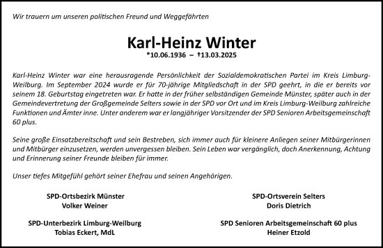 Traueranzeige von Karl-Heinz Winter von Camberger Anzeiger