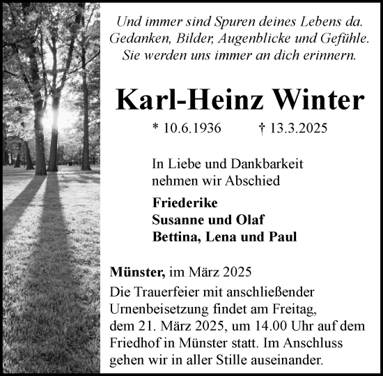 Traueranzeige von Karl-Heinz Winter von Weilburger Tageblatt