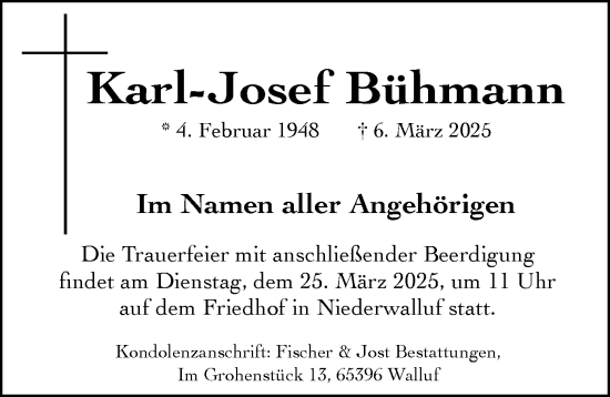 Traueranzeige von Karl-Josef Bühmann von Rheingau Kurier