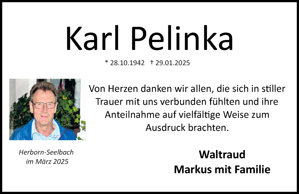  Traueranzeige für Karl Pelinka vom 01.03.2025 aus Dill Block