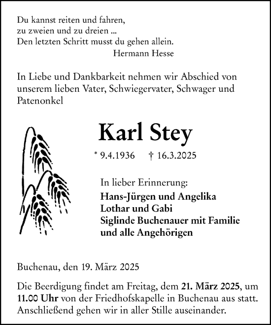 Traueranzeige von Karl Stey von Hinterländer Anzeiger