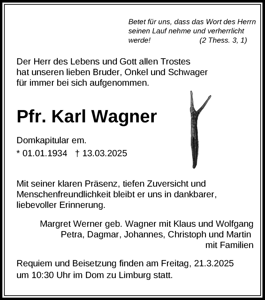  Traueranzeige für Karl Wagner vom 19.03.2025 aus Nassauische Neue Presse