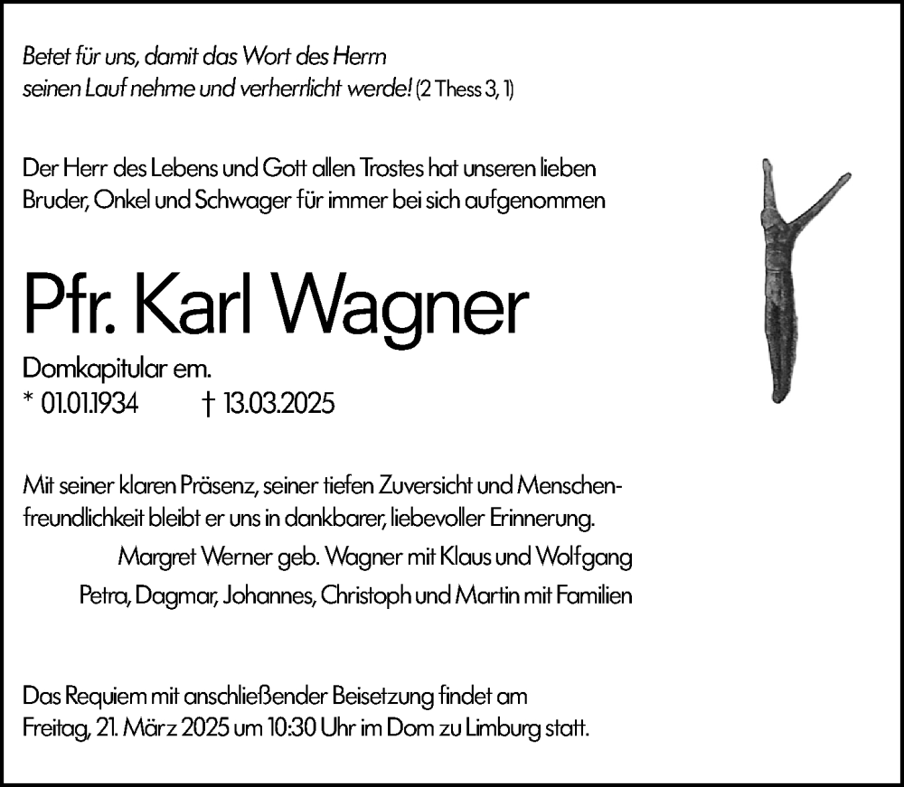  Traueranzeige für Karl Wagner vom 18.03.2025 aus Weilburger Tageblatt
