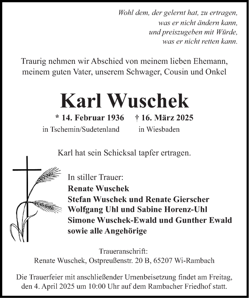  Traueranzeige für Karl Wuschek vom 22.03.2025 aus Wiesbadener Kurier