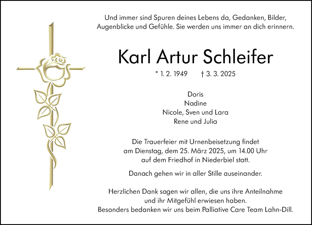  Traueranzeige für Karl Artur Schleifer vom 21.03.2025 aus Weilburger Tageblatt