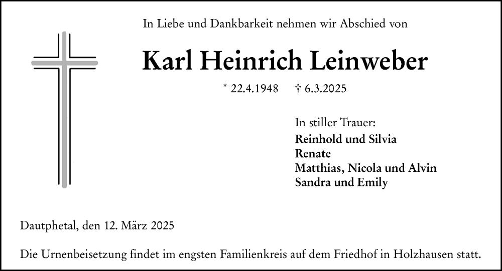  Traueranzeige für Karl Heinrich Leinweber vom 12.03.2025 aus Hinterländer Anzeiger