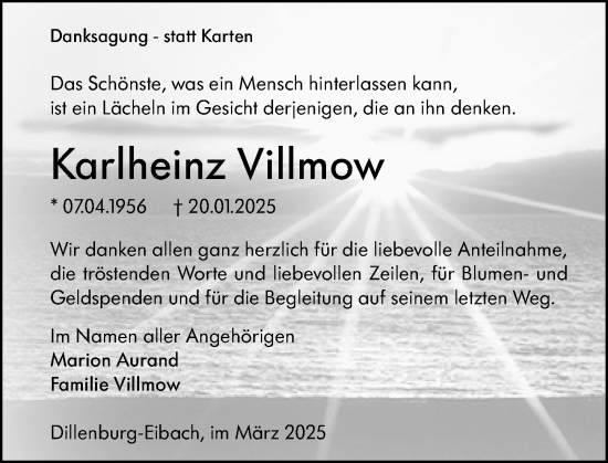 Traueranzeige von Karlheinz Villmow von Dill Block