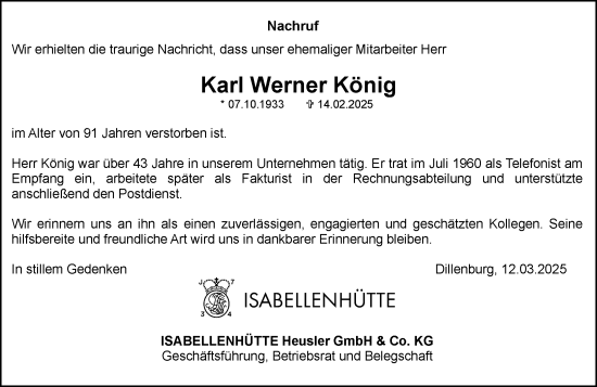 Traueranzeige von Karl Werner König von Dill Block