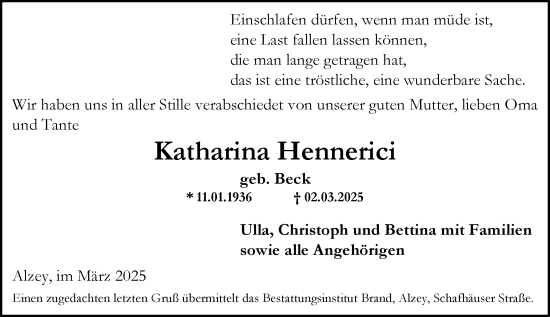 Traueranzeige von Katharina Hennerici von Allgemeine Zeitung Alzey