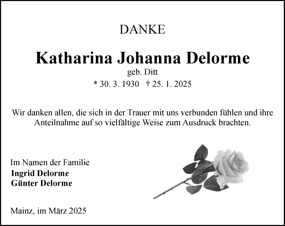  Traueranzeige für Katharina Johanna Delorme vom 15.03.2025 aus Allgemeine Zeitung Mainz