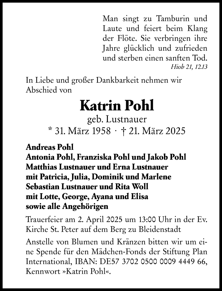  Traueranzeige für Katrin Pohl vom 29.03.2025 aus Idsteiner Land/Untertaunus