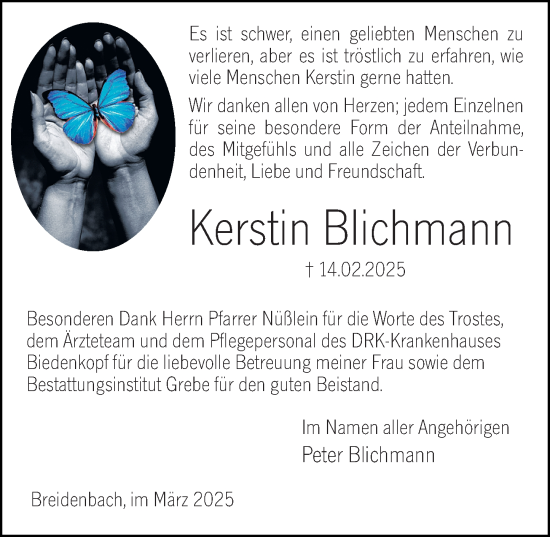Traueranzeige von Kerstin Blichmann von Hinterländer Anzeiger