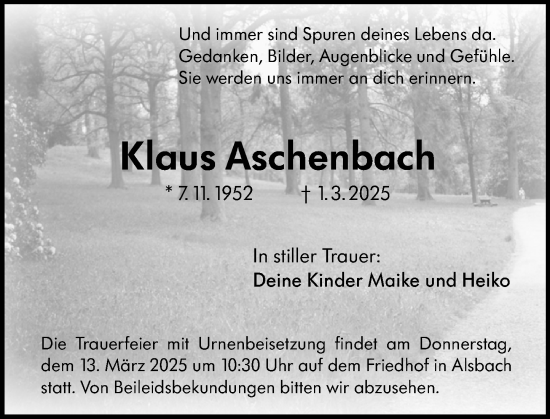 Traueranzeige von Klaus Aschenbach von Darmstädter Echo