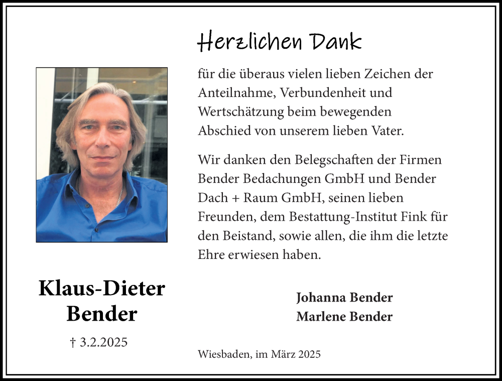  Traueranzeige für Klaus-Dieter Bender vom 15.03.2025 aus Wiesbadener Kurier